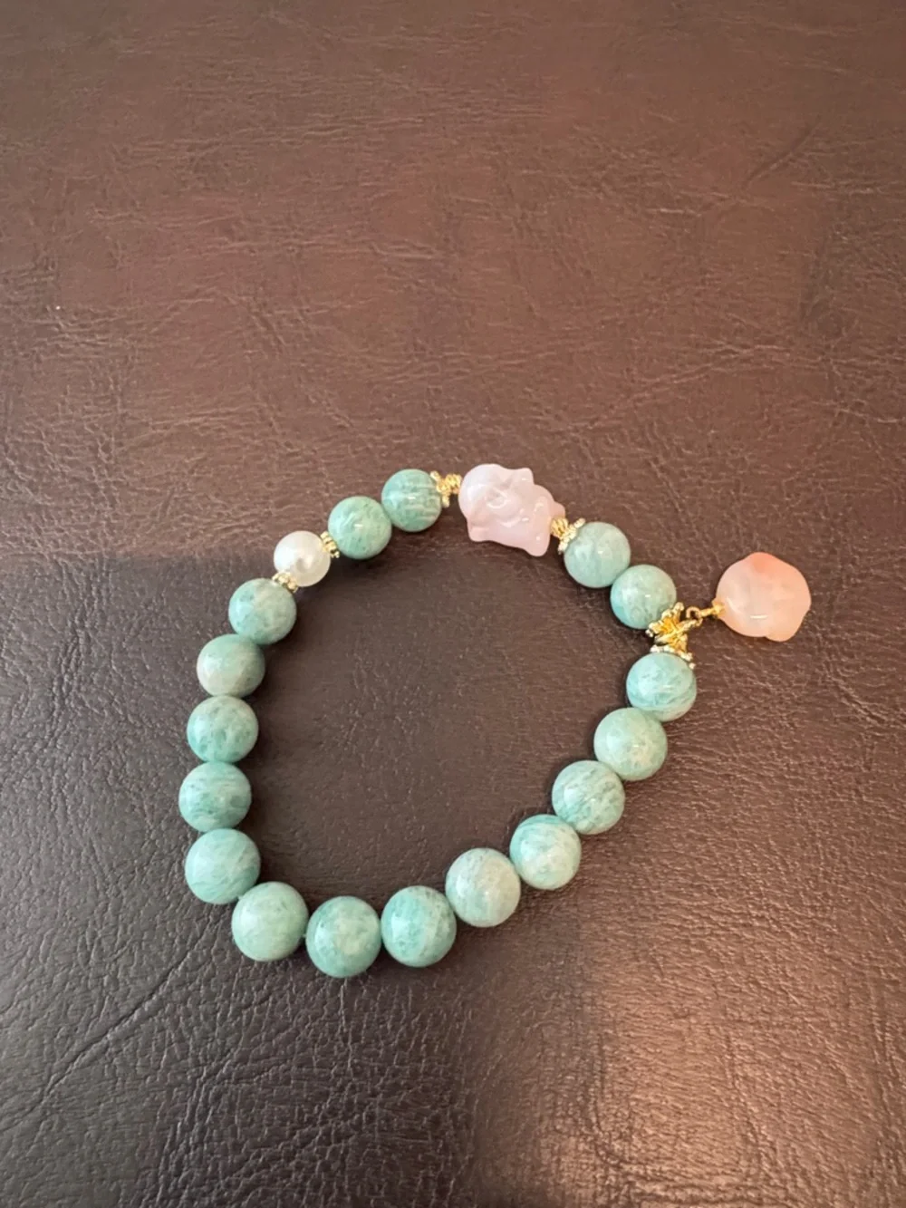 Green Amazonite Beaded Bracelet with Pink Paw Charm and Bunny